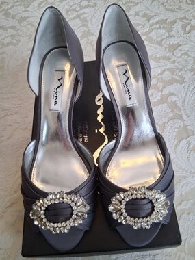 Nina Silver-Gray Satin Jeweled Peep-Toe Pumps